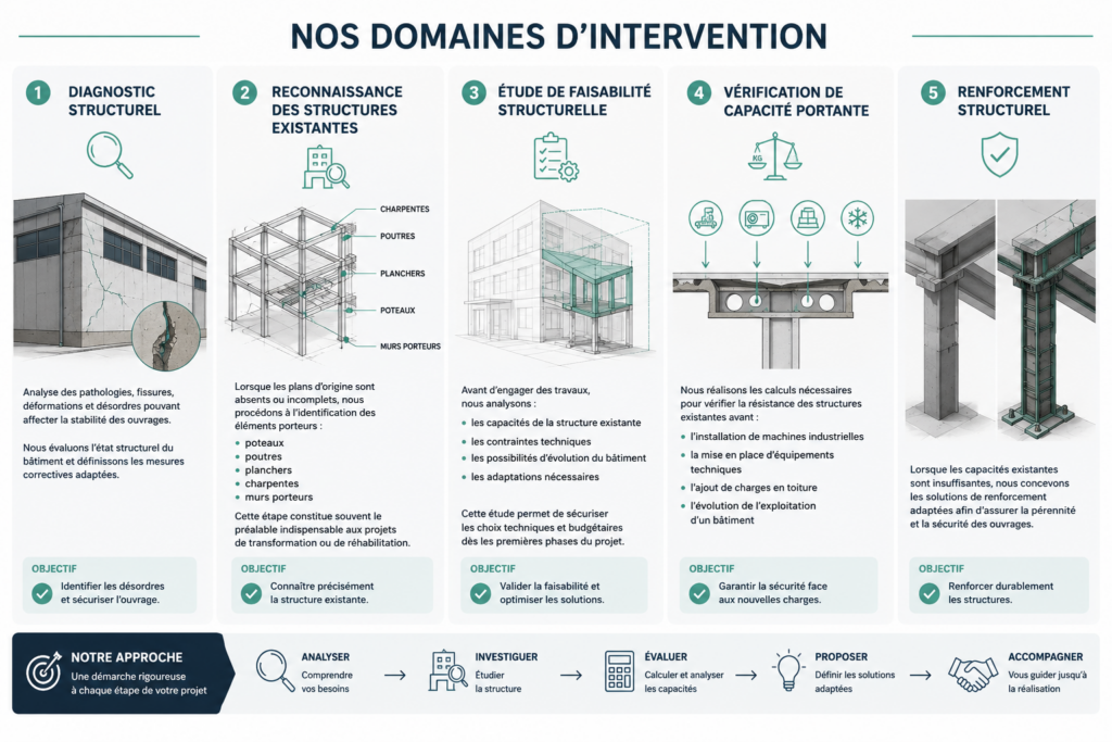 Infographie bureau d’études structure en Île-de-France : diagnostic structurel, reconnaissance d’ouvrages existants, étude de faisabilité, capacité portante et renforcement des bâtiments industriels et tertiaires.